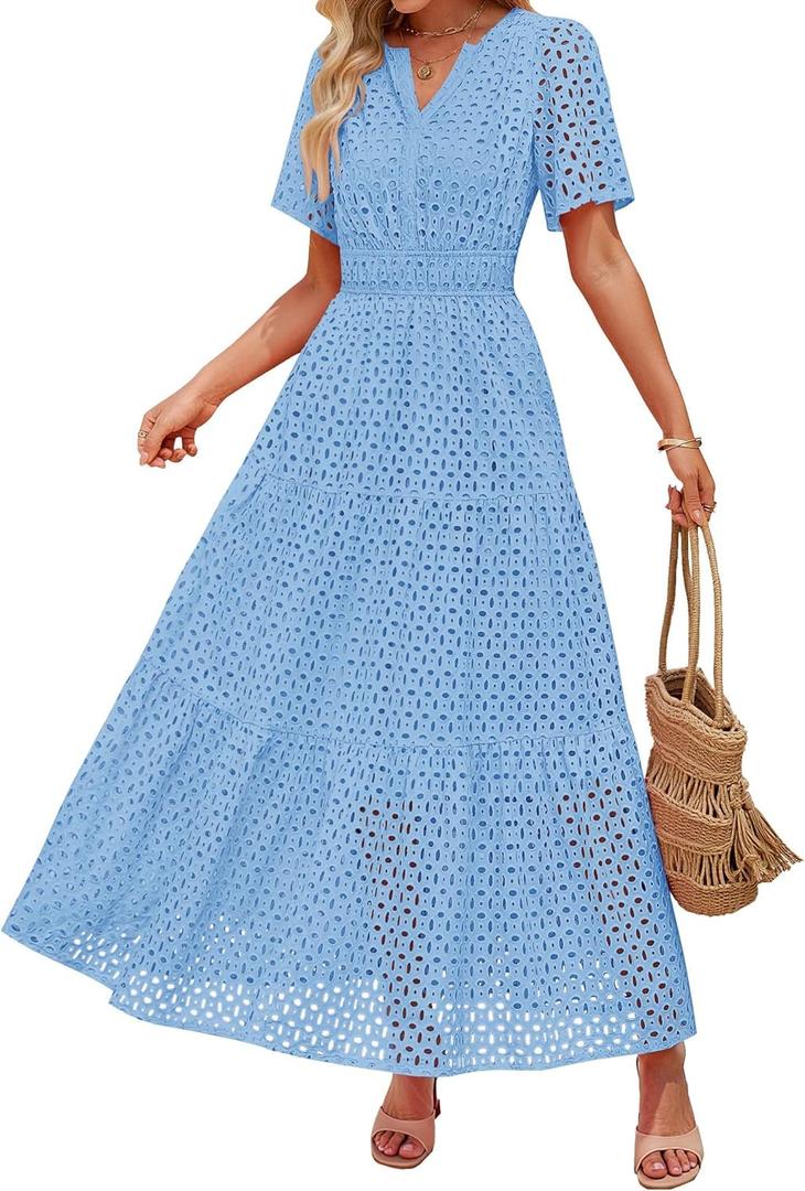 ZESICA Women's 2025 Summer Short Sleeve Maxi Dress Casual V Neck Hollow Out Eyelet Ruffle Swing A Line Long Dresses (Medium)