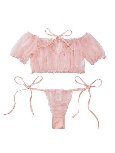 Lilosy Sexy Stretch Ruffle Tie Sheer Mesh Lingerie Set Outfits 2 Piece Women Kawaii Cute See Through Matching Bra Panty Underwear Polka Dot Pink Medium Medium
