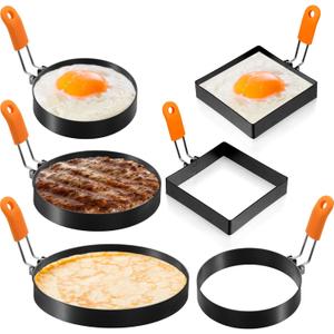Patelai 6 Pcs Egg Ring Pancake Ring Set Stainless Steel Fried Egg Molds Griddle Pancake Shapers with Silicone Handle for Breakfast Omelette Sandwich(Square, Round,4 Inch, 6 Inch, 8 Inch)