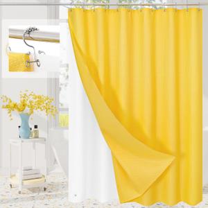 3 in 1 Shower Curtain Set, Yellow Waffle Shower Curtain and PEVA Liner Set with 12 Stainless Steel Shower Curtain Hooks, Waterproof Shower Curtains for Bathroom, 72 W x 72 H