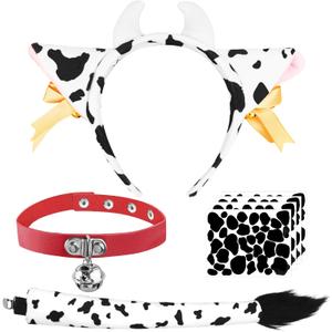 IncreDecor 7 Pcs Cow Costume Women Set Cow Ears Headband and Tail Bell Choker Stickers Halloween Adult Cosplay Accessories