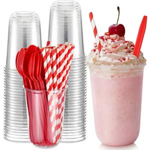 Baderke 25 Set Root Beer Float Cups with Red Plastic Soda Spoons and Paper Straws Plastic Parfait Cups Disposable Stemless Glasses for Milkshake Ice Cream Cocktail Yogurt Party Drinks (16oz)