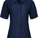 Button Down Shirts for Women Puff Short Sleeve Button Up Dress Shirts Collared Fitted Blouse Work Business Top (Medium, Navy Blue)