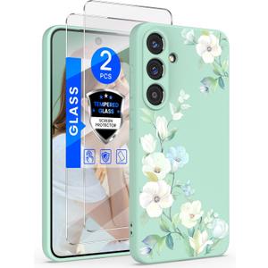 for Samsung Galaxy S25 5G Case, Girls Women Florals Liquid Silicone Phone Case, Shockproof Anti-Scratch Soft Protection Case with Screen Protectors (Hibiscus)