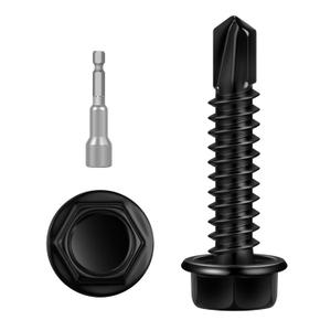 100 PCS #10 x 1-1/4" Sheet Metal Screws, Black Hex Washer Head Self Drilling Screw, Flanged Self Tapping Screws, 410 Stainless Steel