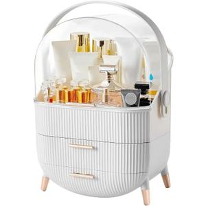 Makeup Organizer with Transparent Lid & 2 Drawers – Large Capacity Cosmetic Skincare Storage Box for Bathroom Vanity, Countertop, Bedroom – Portable and Dustproof, White (11"x7"x14")