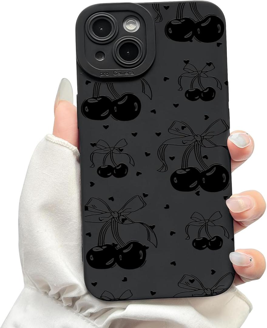 NITITOP Compatible with iPhone 14 Plus Case Cute Cherry Bow Ribbon Pattern for Girls Women Soft TPU Durable Full Camera Lens Shockproof Protective Cover - Black