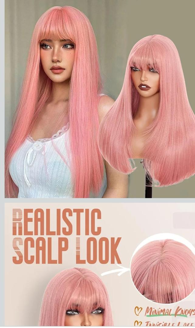 SUKRI Pink Wigs with Bangs for Women Long Straight Pink Wig 26 Inch Colorful Synthetic Wig Natural Looking Hair Wigs for Daily Party Cosplay Use