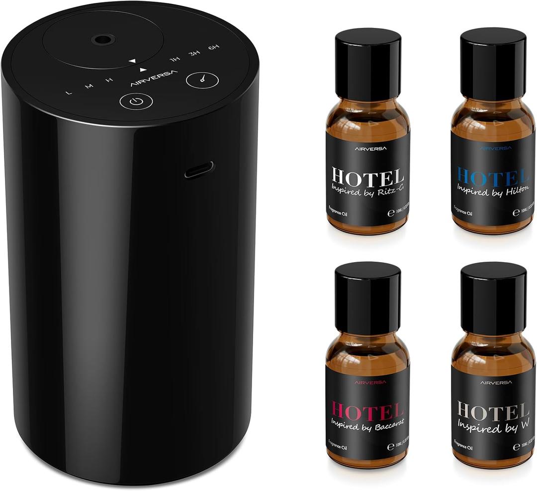 Airversa Waterless Essential Oil Diffuser Starter Kit with 4 x 10mL Hotel Scent Fragrance Oil, Battery Operated Mini Scent Air Machine Portable Diffuser for Home Car Office, AN8 Kit Black