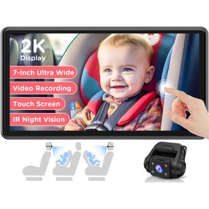 Baby Car Camera, 7'' 2K Mirror Monitor with Night Vision, Video Recording, and 3X Zoom for Clear Wide View of Rear-Facing Seat