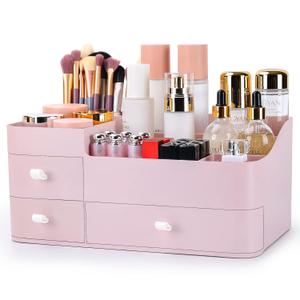 ONXE Makeup Organizer with Drawers,Large Capacity Countertop Organizer for Vanity,Bathroom and Bedroom Desk Cosmetics Organizer for Skin Care,Brushes, Eyeshadow, Lotions, Lipstick, Nail Polish (Pink)