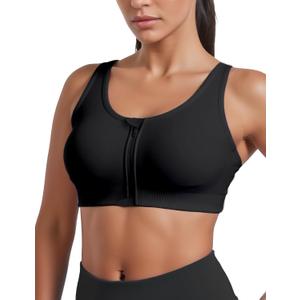 Front Closure Sports Bras for Women: Womens Compression Mastectomy Recovery Bra Post Surgery Posture Zip Front Closure Padded for Large Bust High Support for Active Yoga Gym Workout Fitness Black