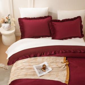 MOVE OVER Wine Red Velvet Comforter Set King Size Vintage and Boho Chic Bedding Set 3 Pieces Elegant and Thick Burgundy Velvet Ruffle Comforter Set for Winter, King, Burgundy