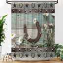 Rustic Shower Curtain Horseshoe Western Country Daisy Floral Teal Wooden Board Retro Fabric Bathroom Decor Curtains with Hooks (70"W x 70"L (Pack of 1), Green)