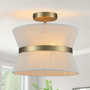 Zyzwmb Gold Semi Flush Mount Ceiling Light 2-Light Modern Drum Dining Room Lighting Fixture 12.6” Beige Fabric Lamp for Bedroom Entryway Hallway Foyer Kitchen Island Living Room Nursery