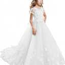 ABAO SISTER Elegant Long Lace Applique Flower Girl Dress Wedding Birthday Dress Size 12 White