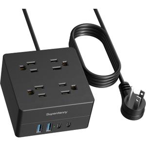 5ft Power Strip, SUPERDANNY Surge Protector 900 Joules, 4-Outlet 4-USB Extension Cord, Overload Switch, Grounded, Mountable, Desktop Charging Station for Home, Office, School, Dorm, Computer, Black