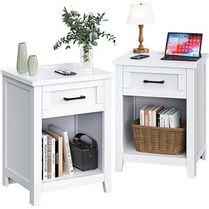 Farmhouse Nightstand with Charging Station & Large Storage, Set of 2 Modern End Tables with Outlets, USB Ports and Type-C Ports, Easy Assembly for Bedroom (Pure White)