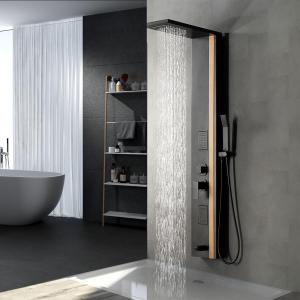 Shower Wall Panels Bathroom Shower Panel Tower System Multifunction Bamboo Wood and Stainless Steel Body Spray Jets Rainfall Waterfall Head with Handheld Wand and Tub Spout Wall Mount