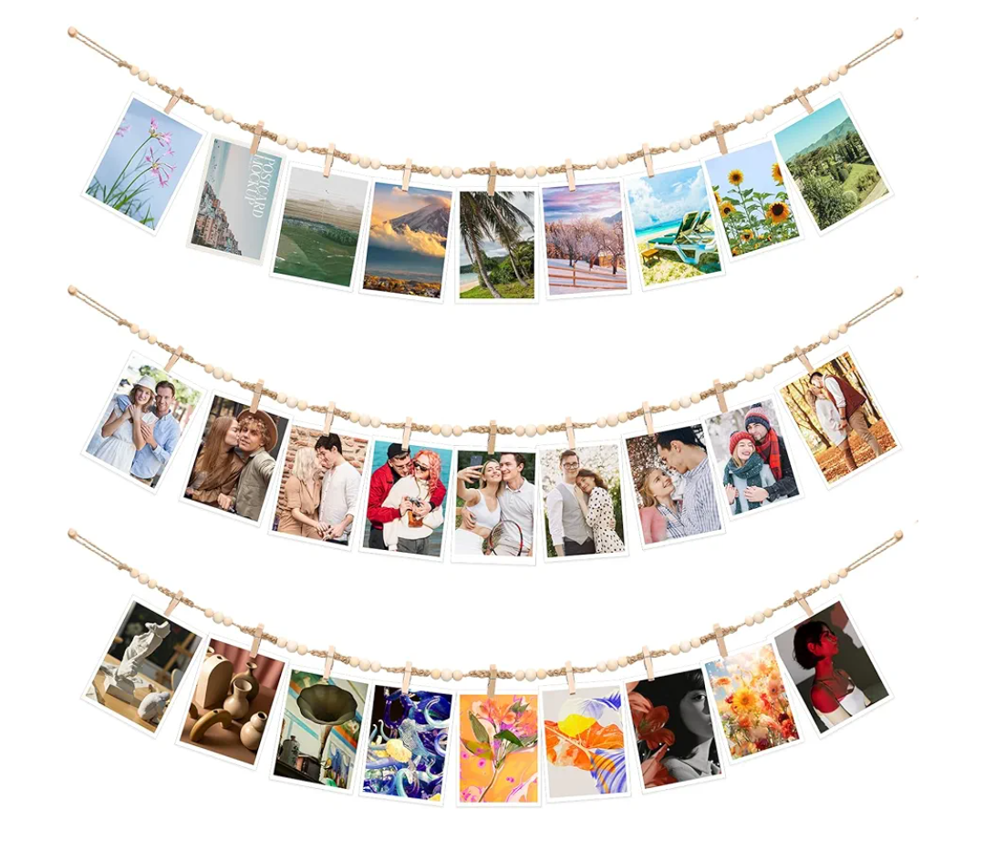 Hanging Photo Display Wall Decor, 1 Pcs Boho Wooden Bead Garland Picture Banner Collage Picture Card Frame Holder with 30Clips, 24 Wooden Pegs for Bedroom, Living Room Teen Girl Gifts