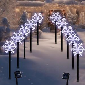BRIGHTDECK Snowflake Solar Christmas Decorations Outdoor, 10 Pack LED, Waterproof Snowflake Pathway Lights, Stake Lights for Christmas Garden Decor (10Pcs Cold White)
