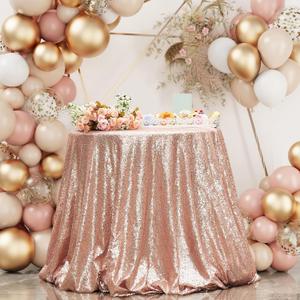 PartyDelight 50" Round Rose Gold Sequin Tablecloth High-Density 3mm Stitched Sequins Shimmering Table Overlay for Small Bistro Tables, Cake Displays & Party Decor