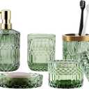 Green Bathroom Accessories Set, 5Pcs Clear Glass Bathroom Set Accessories, Soap Dispenser, Soap Dish, Toothbrush Holder Set, Tumbler, Qtips Holder for Vintage Crystal Bath Decor