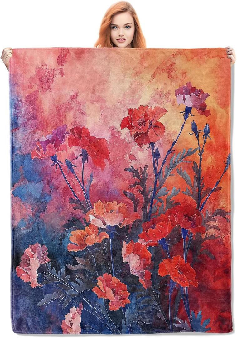 Vibrant Carnations Painting Blanket, Floral Art Flannel Throw Blankets,Soft Warm Lightweight Cozy Plush Throws for Bedroom Sofa Office Home Decor Gifts for Women Girls 60"x50"