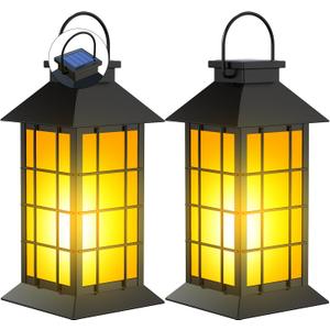 2 Pack 13" Black Solar Lantern with Flickering Flame Candle | Outdoor Waterproof Hanging Solar Lanterns, Metal & Glass Lights for Garden Decoration, Rustic Gifts for Mom