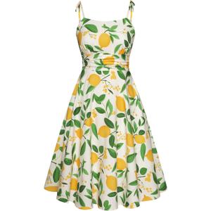 Belle Poque 2026 Summer Dress for Women Spaghetti Strap Flowy Midi Beach Sundress Vintage Wedding Guest Cocktail Dress (Medium, Apricot-lemon Print)