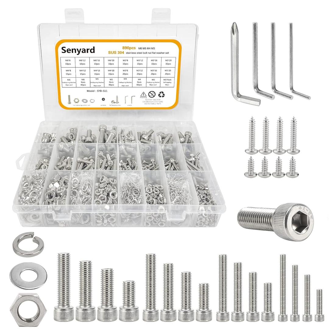 M6 M5 M4 M3 Metric Screw Assortment, Metric Bolts and Nuts Kit（with Lock&Flat washers・Wrenches） Socket Head Cap Screws 304 Stainless Steel Hex Head Metric Screws Assortment Set with Case