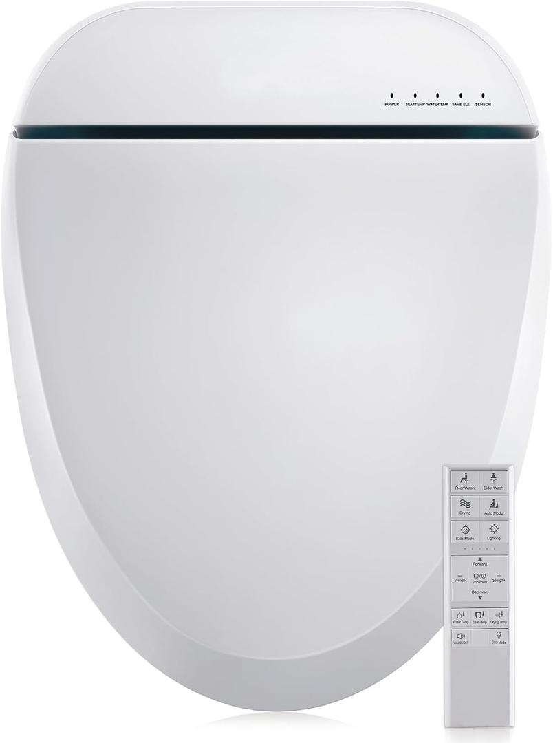 Bidet Toilet Seat 102S-W, Electronic Heated Seat with Unlimited Warm Water for Bathroom, Remote Control, Turbo Wash & Dryer, Night Light, Easy Install-Perfect for Home Bathroom Use