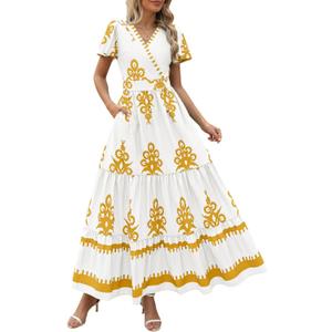 PRETTYGARDEN Womens 2026 Summer Casual V Neck Boho Maxi Dress Flowy Aline Bell Sleeve Tiered Floral Dresses with Pocket (L)