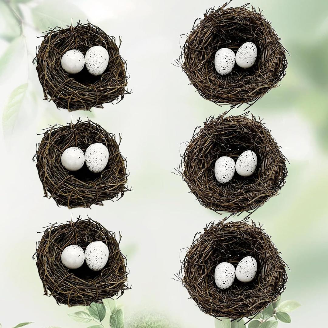 6pcs Small Faux Bird Nest with Eggs for Crafts, Artificial Rattan Birds Nest for Easter Wedding Home Paty Christmas Tree Decoration (6pcs Mixed Small Size Nest,12pcs Eggs)