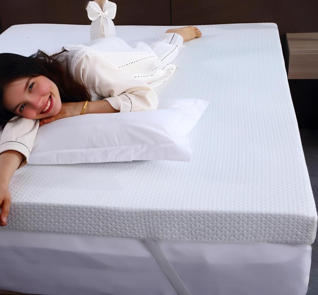 King Mattress Topper, 3 Inch Memory Foam Mattress Topper King, High Density Mattress Pad Comfort Cooling, Bed Topper with Removable Cover and 4 Adjustable Elastic Straps White