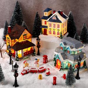 34 PCS Large Christmas Village Sets Pre-Lit Christmas Village Houses Decoration Battery Operated Christmas Figurine Accessories Town Building Collection for Indoor Room Deskto Decor and Display