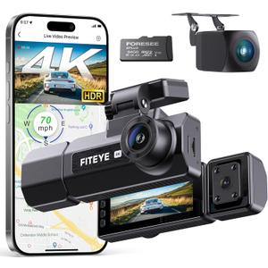 4K Dash Cam Front and Rear, 3 Channel Dash Camera with IMX335 Night Vision, WiFi GPS, Voice Control, 2K+1080P+1080P Dash Camera for Cars (64GB Card Included) Black