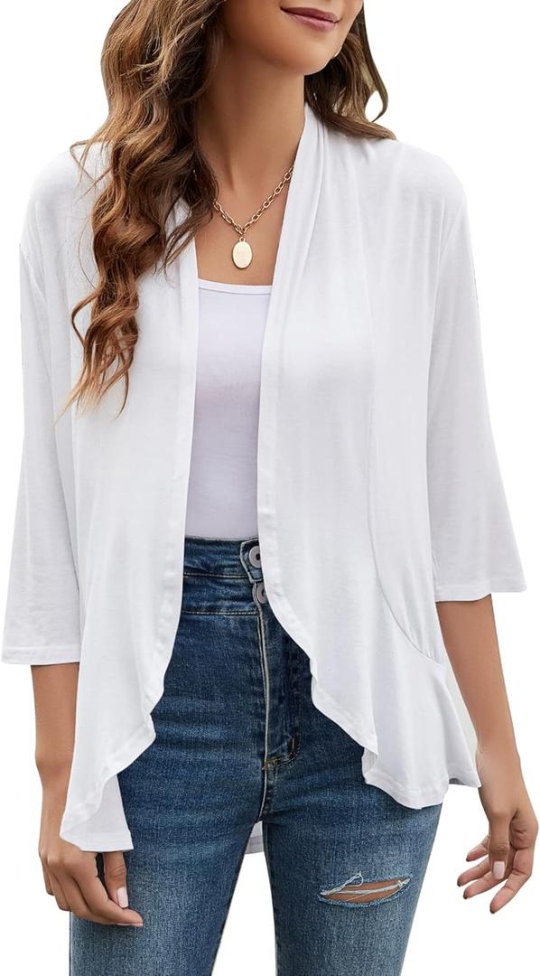 Yekaty Women Cardigan 3/4 Sleeves Open Front Lightweight Cardigan Draped Ruffles Knit Cardigan (XX-Large, White)