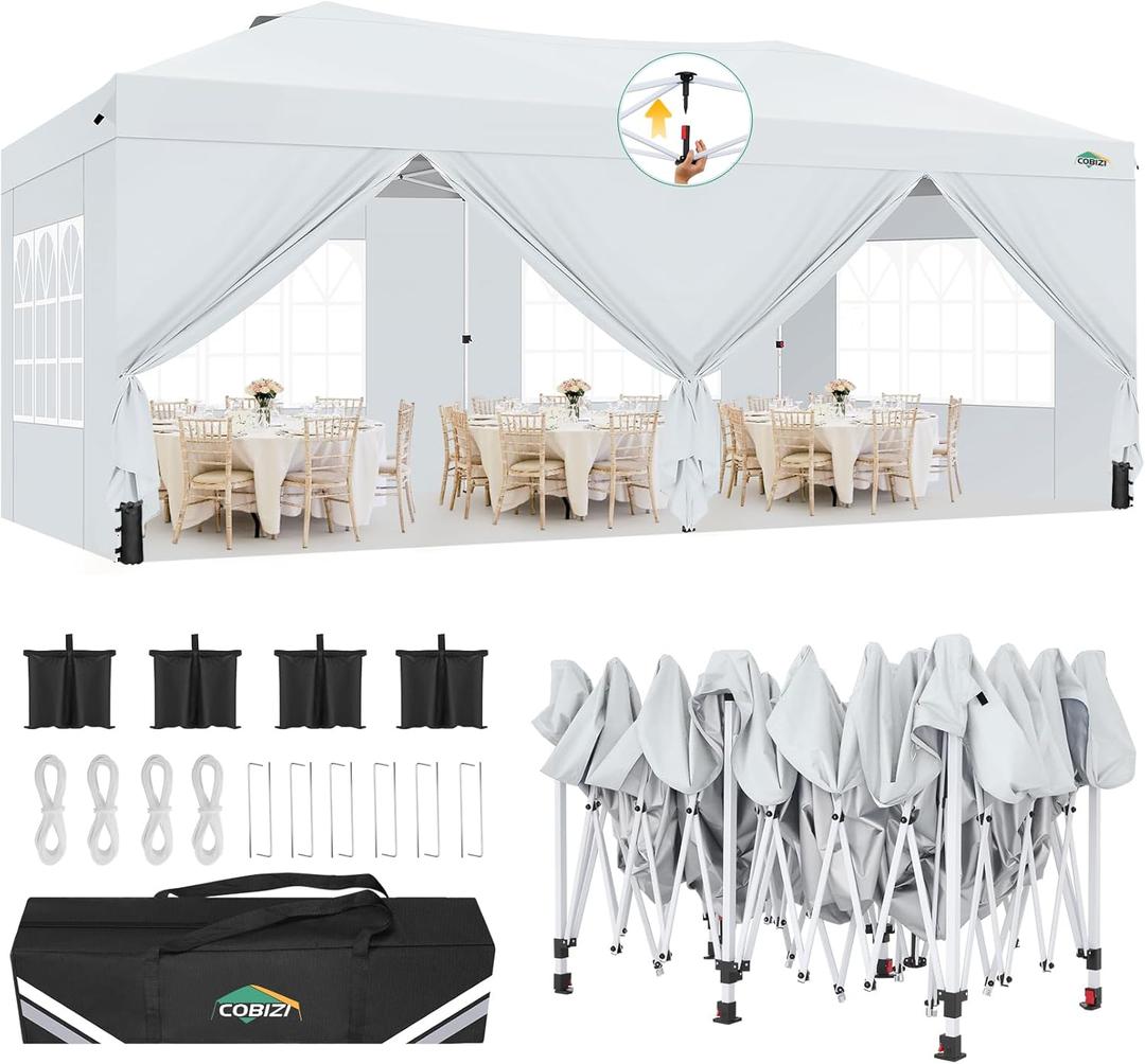 COBIZI Canopy 10x20 Pop Up Canopy Tent with 6 Sidewalls, One Push Party Tents for Parties Outdoor Wedding Waterproof Gazebo Commercial Event Tent with Sandbags, White