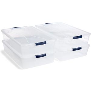 Rubbermaid Cleverstore 41 Quart Plastic Tote Container Bin with Latching Lid and Handles for Reusable, Stackable Home Office Storage, Clear (Pack of 4)
