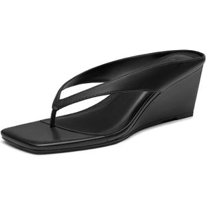 Athlefit Women's Low Wedge Sandals Trendy Dressy Square Open Toe Summer Beach Flip Flops Thong Heeled Sandals 9