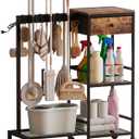 Unionly Heavy Duty Metal Cleaning Cart with Wheels,Broom Holder with Cleaning Supplies Organizer,Broom Storage Cart with Mop Hanger Gripper Rack Hooks for Home, Commercial (Rustic Brown, 29.72" L)