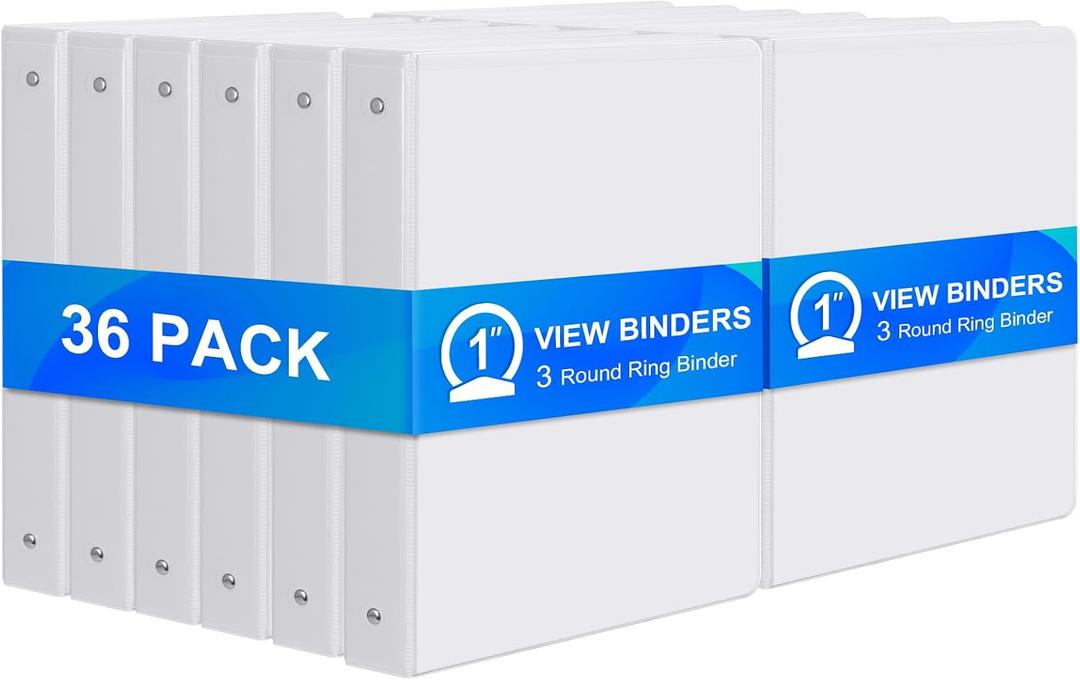 ViVin 1 Inch Binders 3 Ring, Sturdy 3 Ring Binder, 36 Pack Bulk, White