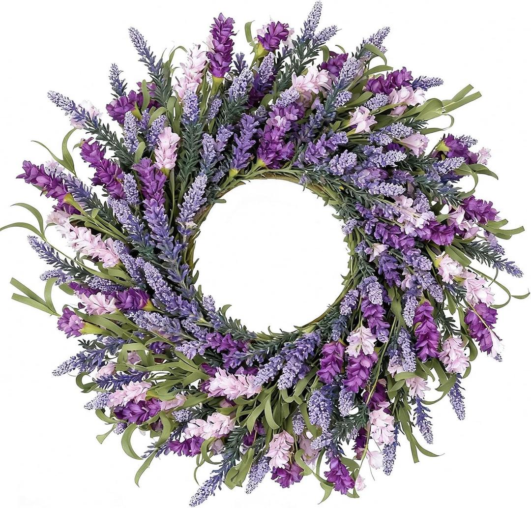 Qingbei Rina Spring Wreaths for Front Door, 22-24 Inch Lavender Door Wreath for Decorating, Summer Wreaths Indoor Outdoor Floral Wreath Party Farmhouse Wedding Home Decor (Purple)