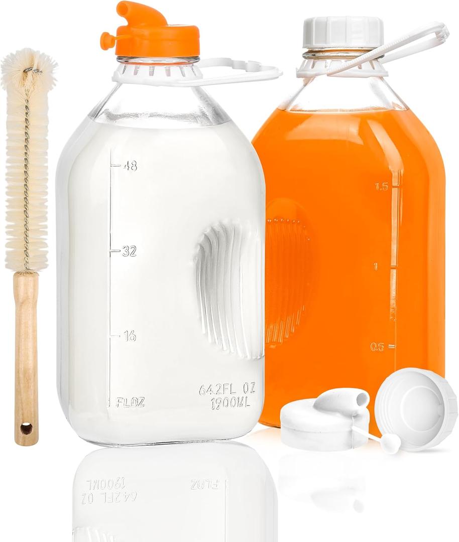 KMIGRUAN 2QT Heavy Duty Glass Milk Bottle with Lid,2Pack 64oz Glass Milk Jug with Reusable Airtight Screw Lid,Bottles for Juice,Water,Oat or Plant Milks
