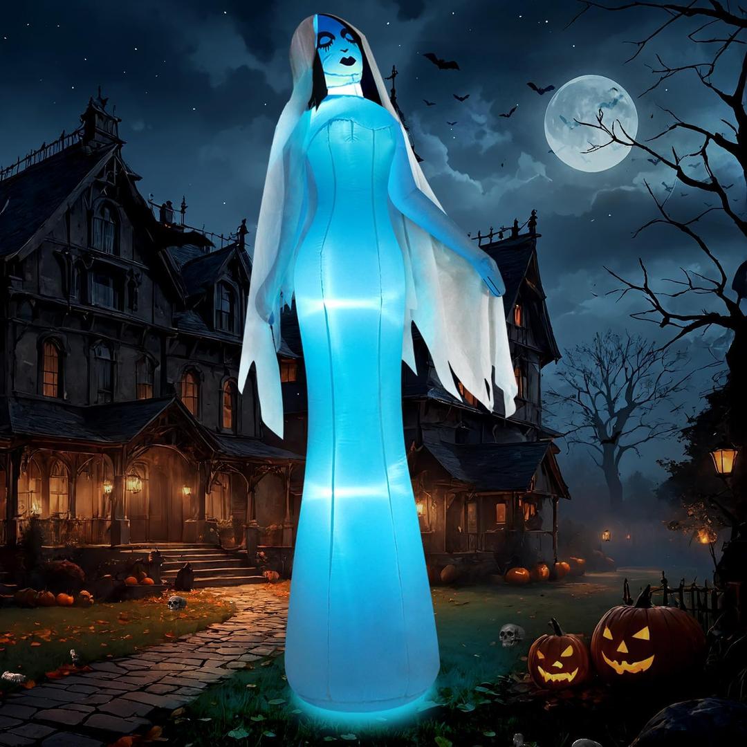 zukakii 11.5FT Giant Halloween Inflatable Ghost Bride with Built-in Whole-Body Blue LED Lights, Outdoor Halloween Decorations Blow Up Yard Decor, Large Halloween Inflatables for Holiday & Party