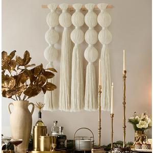 Flber Macrame Wall Hanging with Geometric Yarn Spheres, Handwoven Cotton Tassel Art for Boho Bedroom or Living Room Wall Decor 15.7" W x 19.6" L