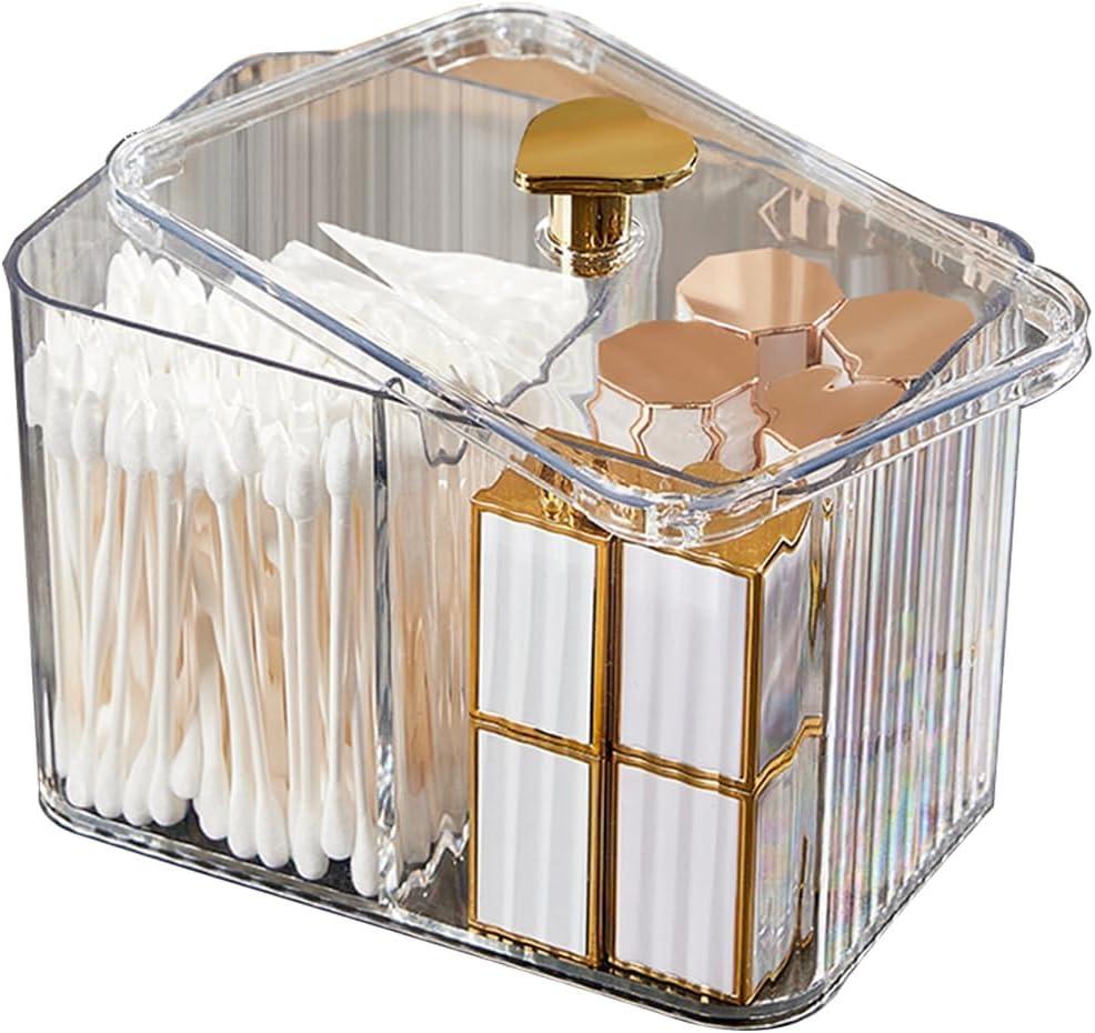 Qtips Holder Bathroom Container,3-Section Cotton Ball/Swabs Dispenser,3 Grids Apothecary Jar Organizer, Cosmetics Storage for Vanity