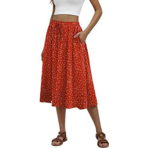 MLXSJ Women's Midi Skirt Summer Pleated Flowy Elastic High Waisted Skirts with Pockets (Red, M)