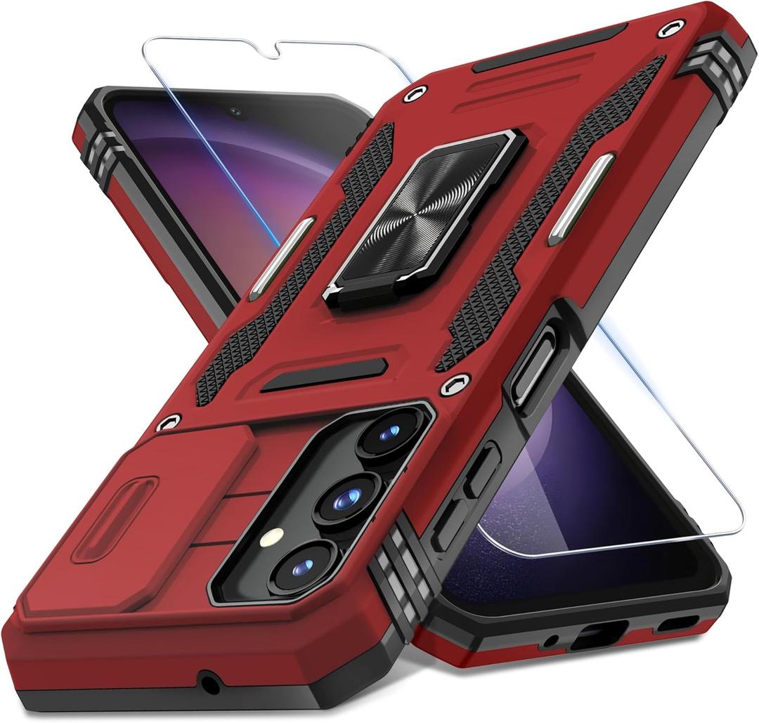 DEERLAMN Case for Samsung Galaxy A16 5G with Slide Camera Cover+Screen Protector (1 Pack), Rotated Ring Kickstand Military Grade Shockproof Protective Cover-Red